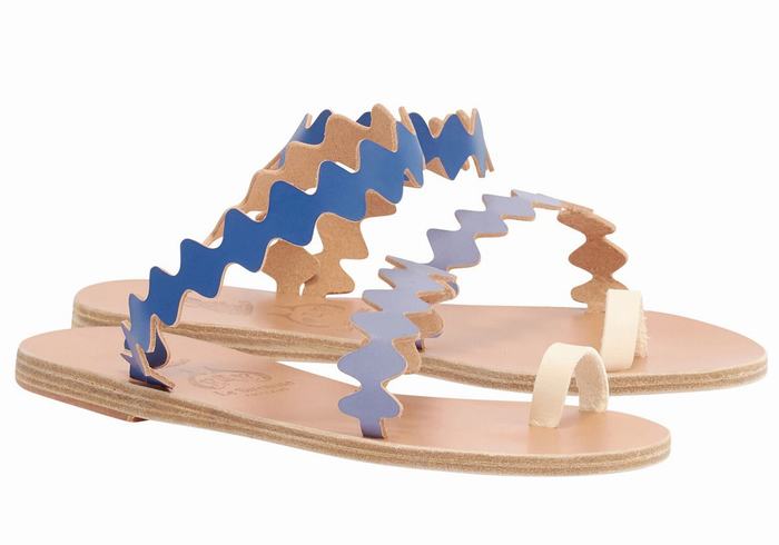 Ancient Greek Sandals Eleftheria Onda Leather Teenpaal Sandalen Dames Blauw Wit | VLQ6869SA