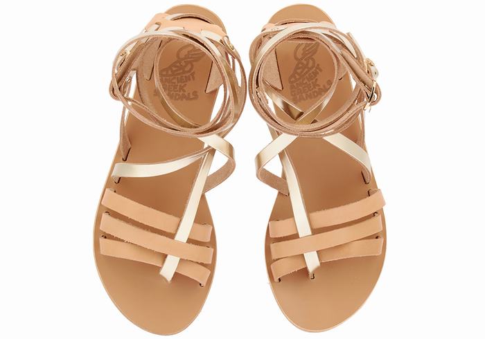 Ancient Greek Sandals Satira Leather Gladiator Sandalen Dames Beige Goud Wit | SWX3196YS