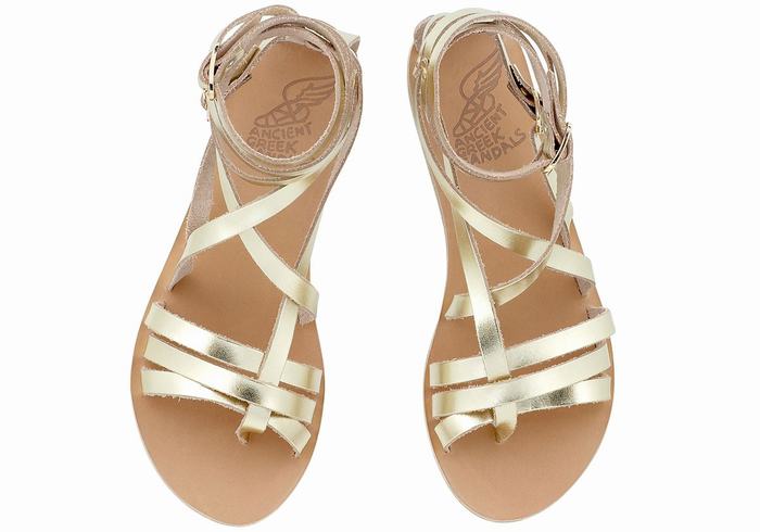 Ancient Greek Sandals Satira Leather Gladiator Sandalen Dames Goud Wit | ERM9299HD